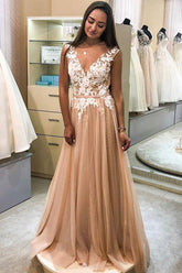 Elegant A-line V-neck Lace Appliques Prom Dresses,Tulle Evening Party Dresses